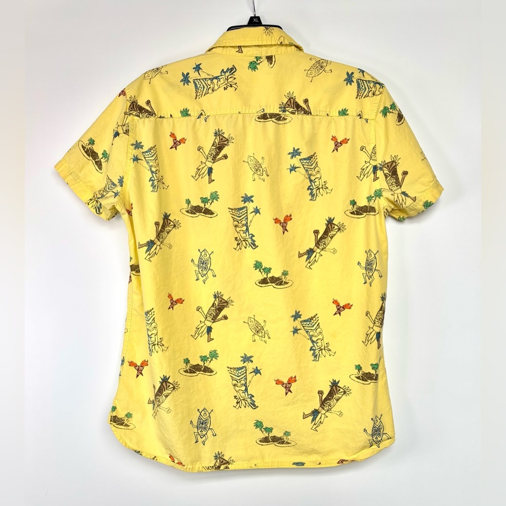 VTG Hang Ten Tiki Print Yellow Short Sleeve Button Down Summer Party Shirt Sz L - Picture 2 of 12